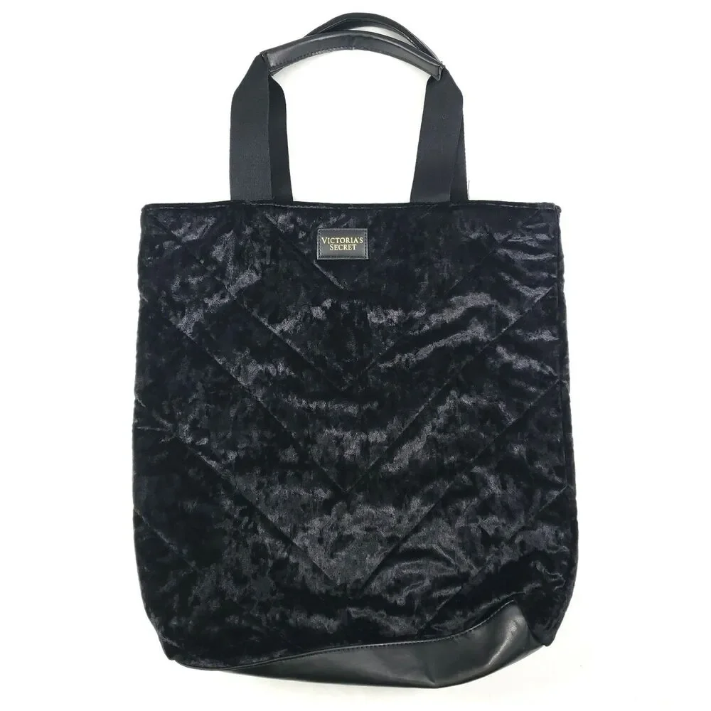Women's Victoria's Secret Tote Bag Black Quilted Velvet Medium Shoulder Straps‎